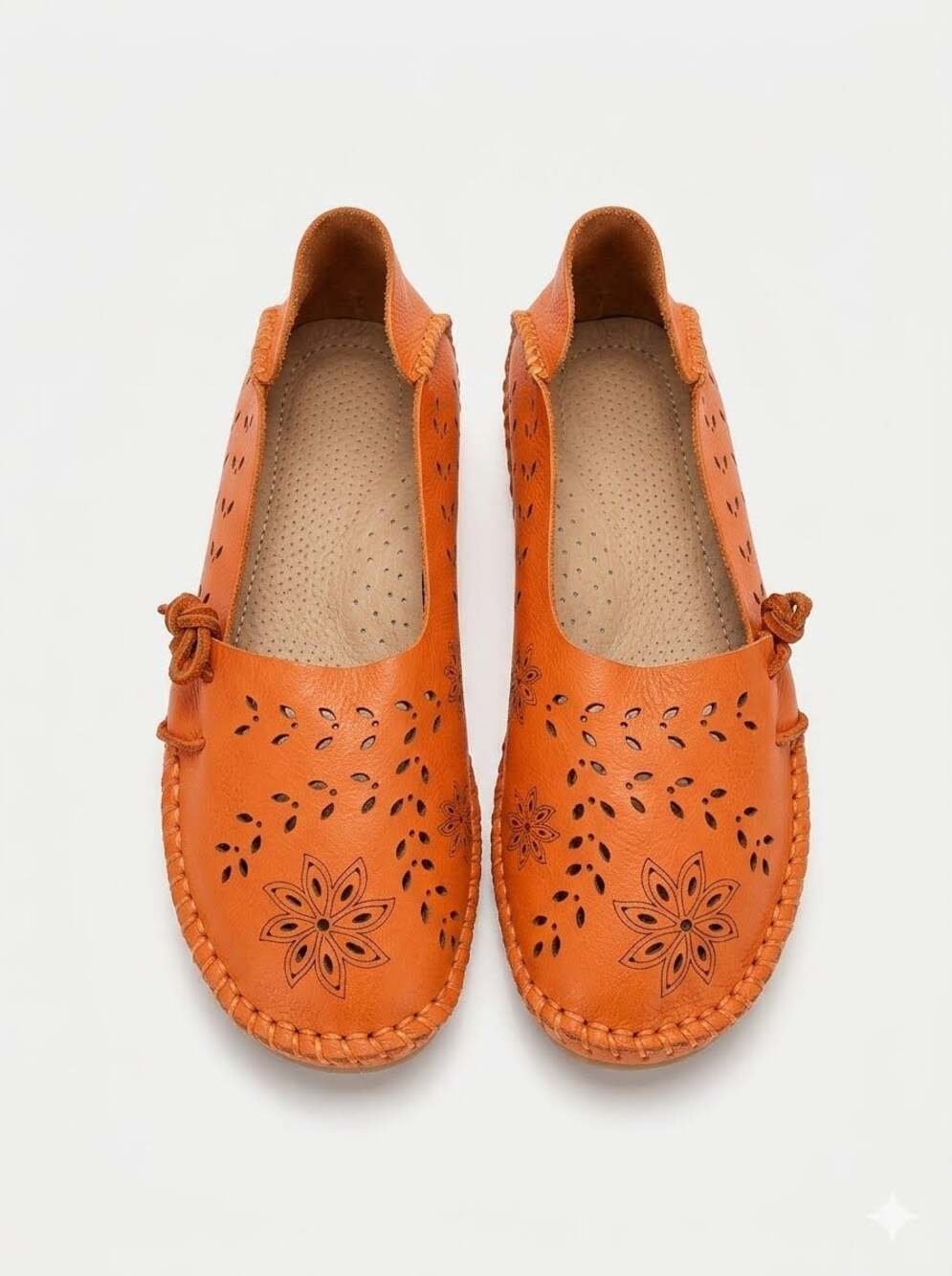 Possible Socofy Brand Orange Leather Cut-Out Floral Slip-On Loafers